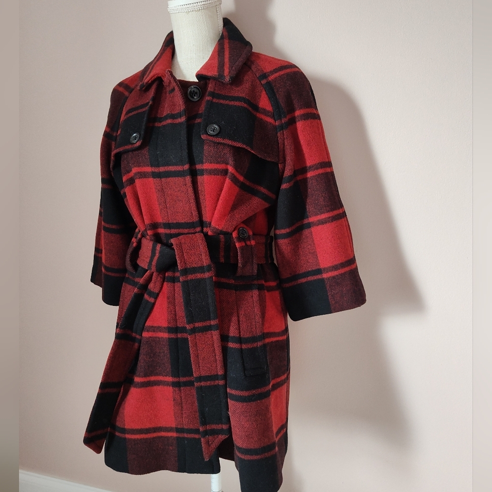 🥰 Vintage Y2K (2008) GAP Buffalo Plaid 3/4 Sleeve Mid Length Wool Pea Coat, SM - Picture 4 of 15